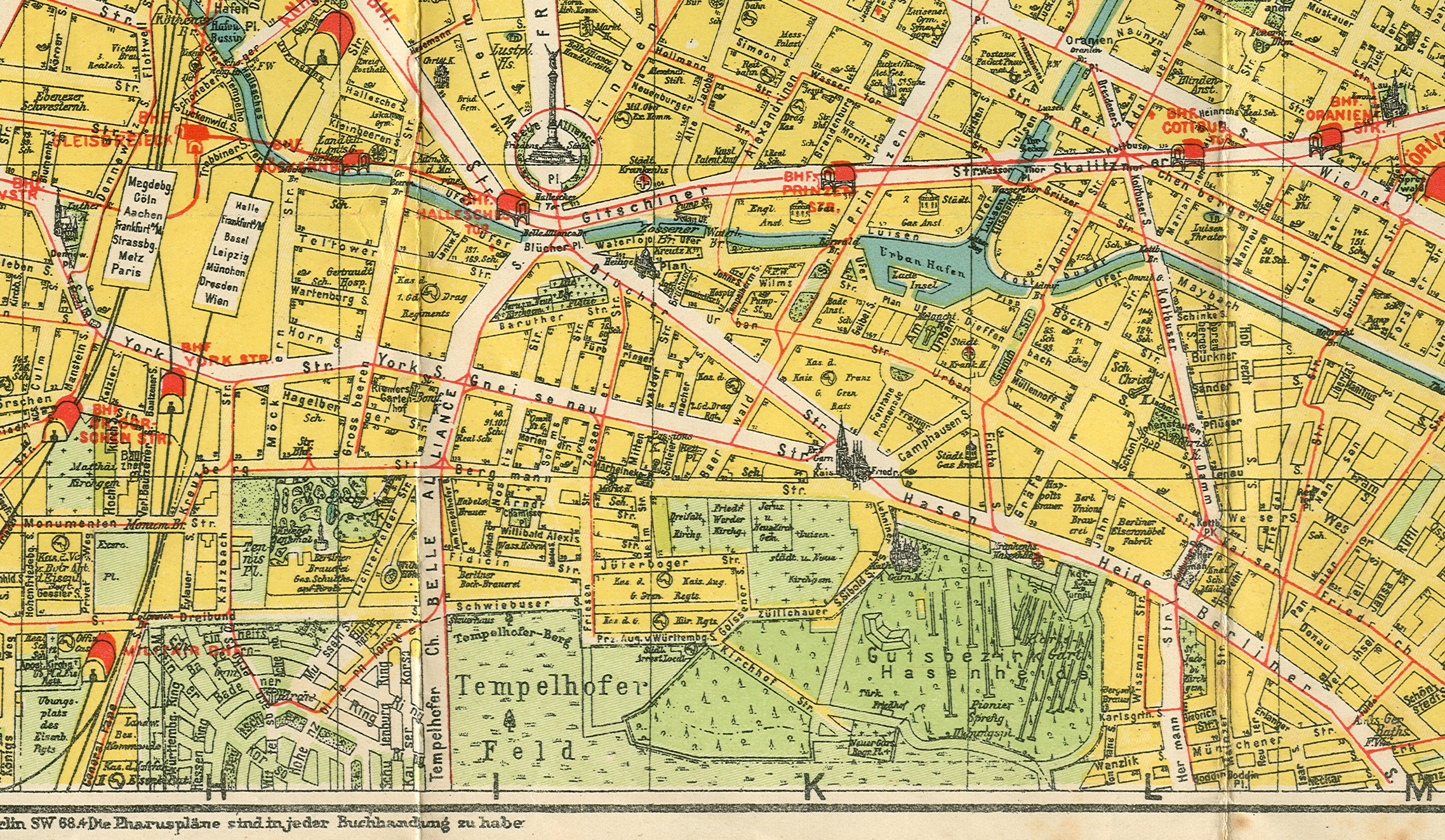 Ausschnitt aus einem Berliner Stadtplan, den mein Großvater sich kaufte, als er vor seinem Einsatz im Ersten Weltkrieg den Umgang mit dem Flammenwerfer in der Hasenheide erlernen und üben musste. Alle Rechte bei PHARAUS VERLAG G.m.b.H., BERLIN.