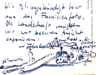 Die Familie Splettstoesser mitten im Vorapril 2005. Teil 2: Die Landschaft. Zeichnung von Ralf Splettstoesser.